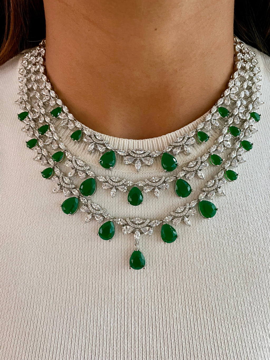 3 Grande Layer Dimonte & Emerald Necklace Set — front view — Prerto