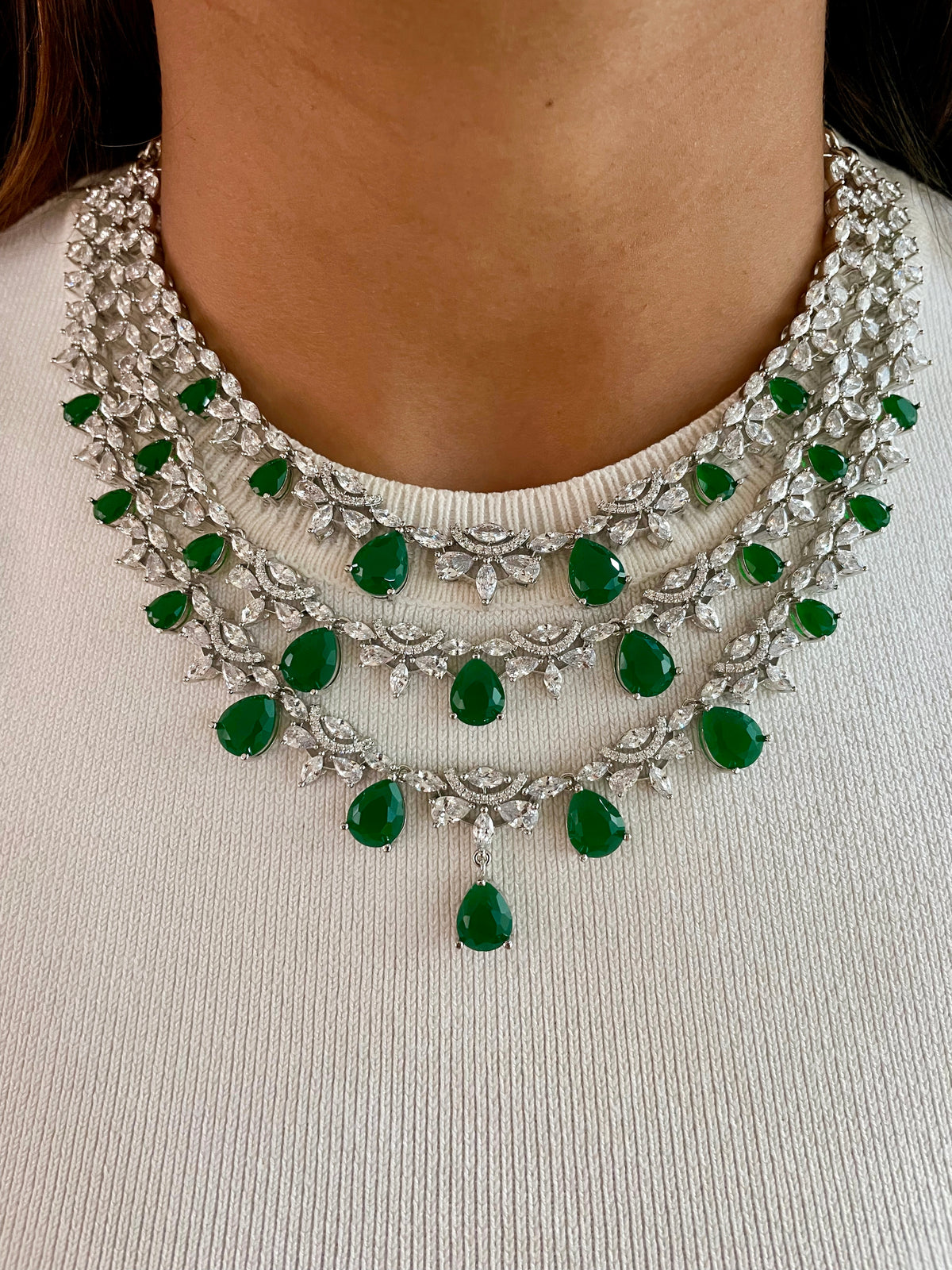 3 Grande Layer Dimonte & Emerald Necklace Set — front view — Prerto