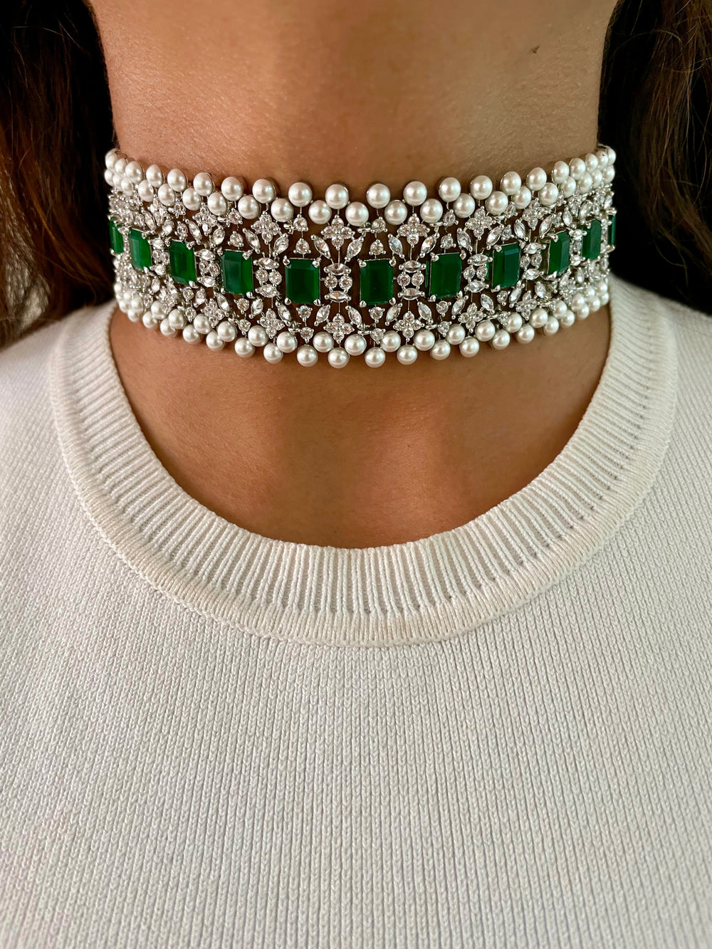 Pearl & Emerald Diamond Choker Necklace Set — front view — Prerto