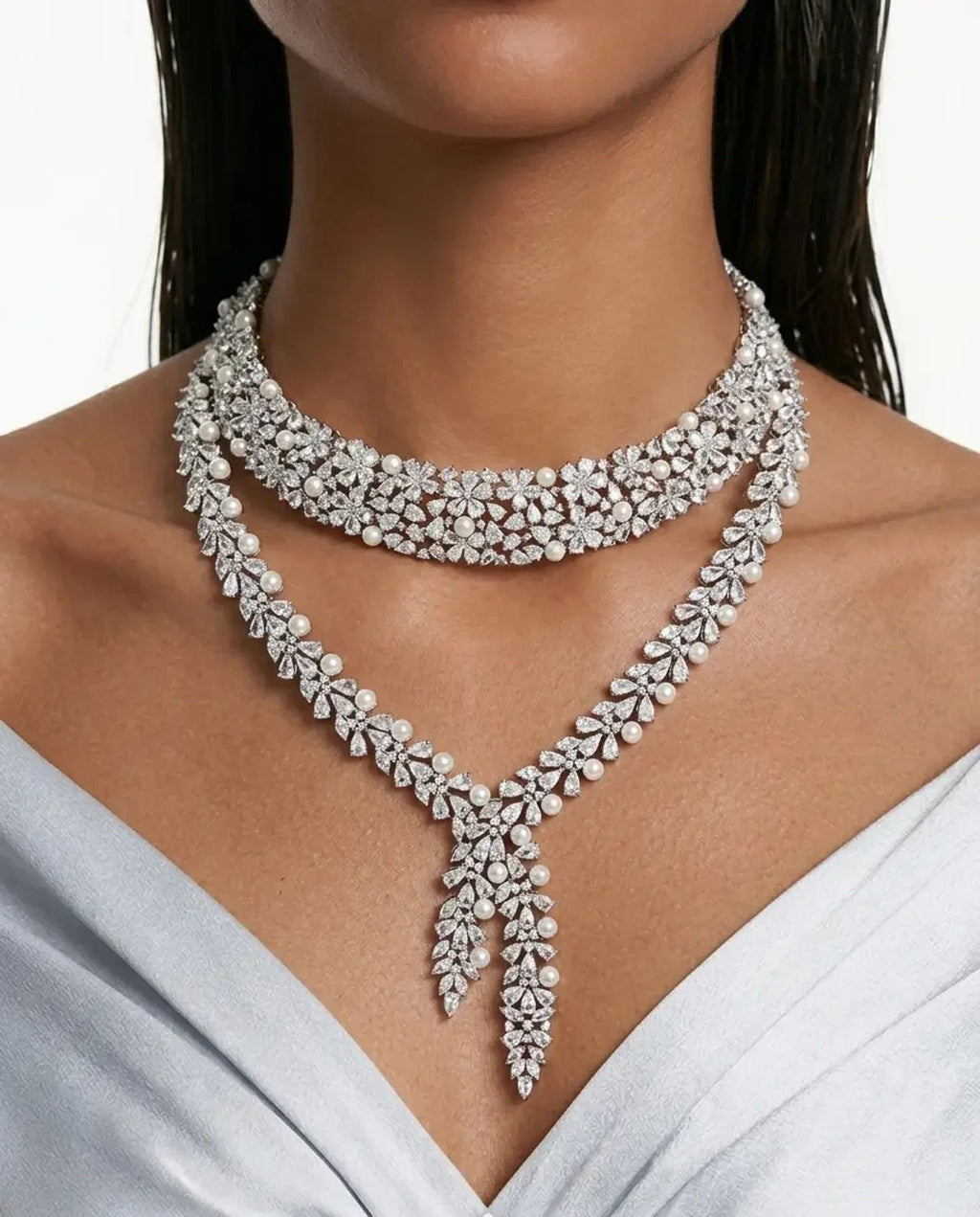 Maharani Karen Pearl and Diamond Necklace Set & Mahiba Diamond-Like Zircon Compressed Setting Statement Necklace Set (2 Necklaces & 2 Earrings)