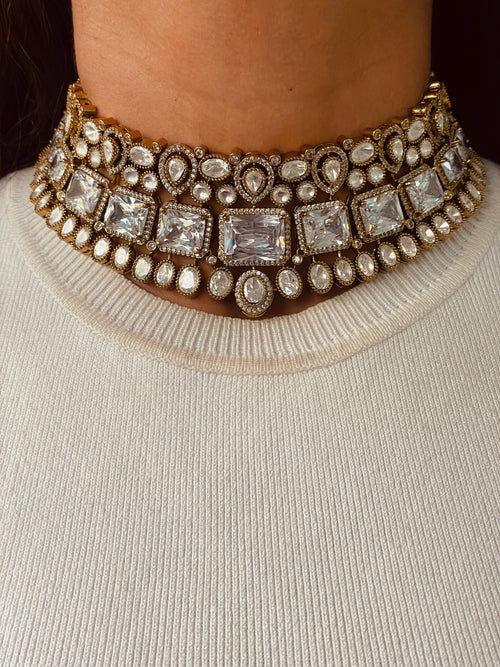 Anand Polki Diamond Kundan Victorian Necklace Earrings Maang Tika Set by Prerto