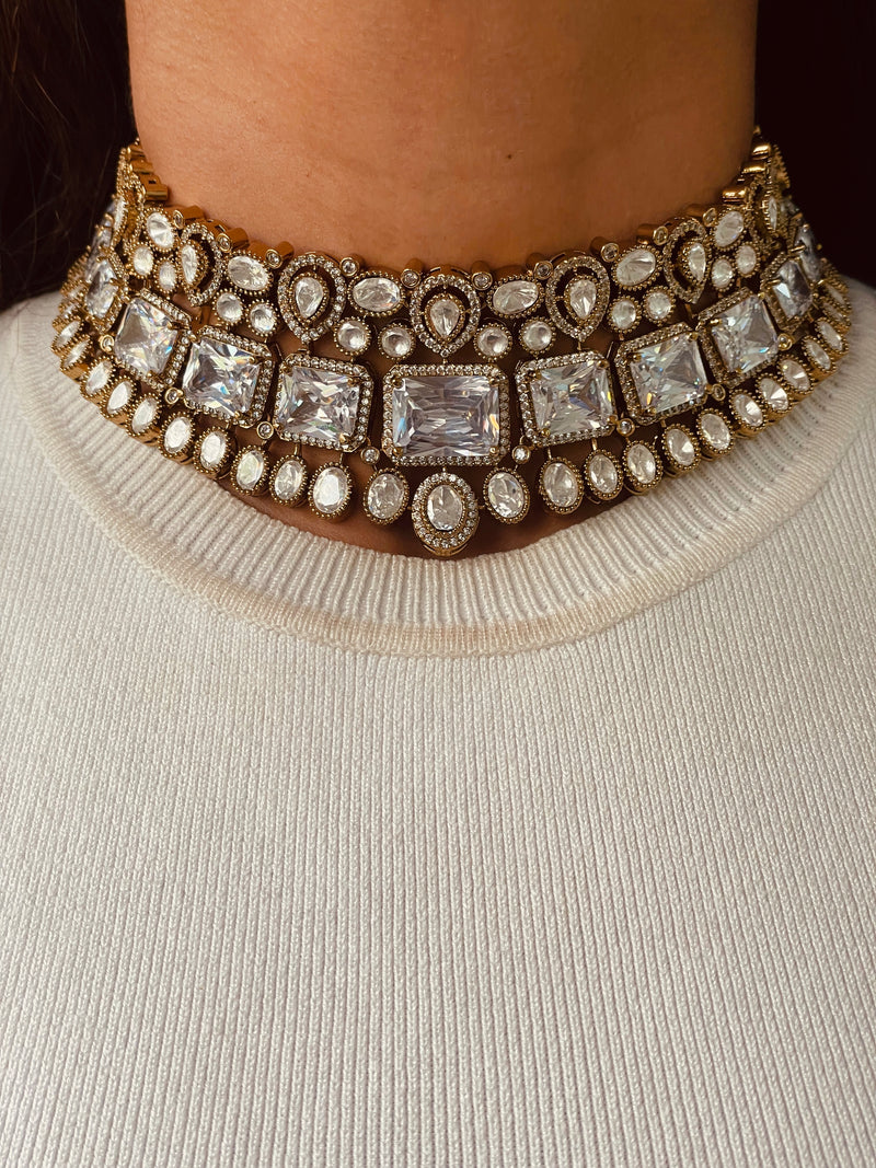 Anand Polki Diamond Kundan Victorian Necklace Earrings Maang Tika Set by Prerto