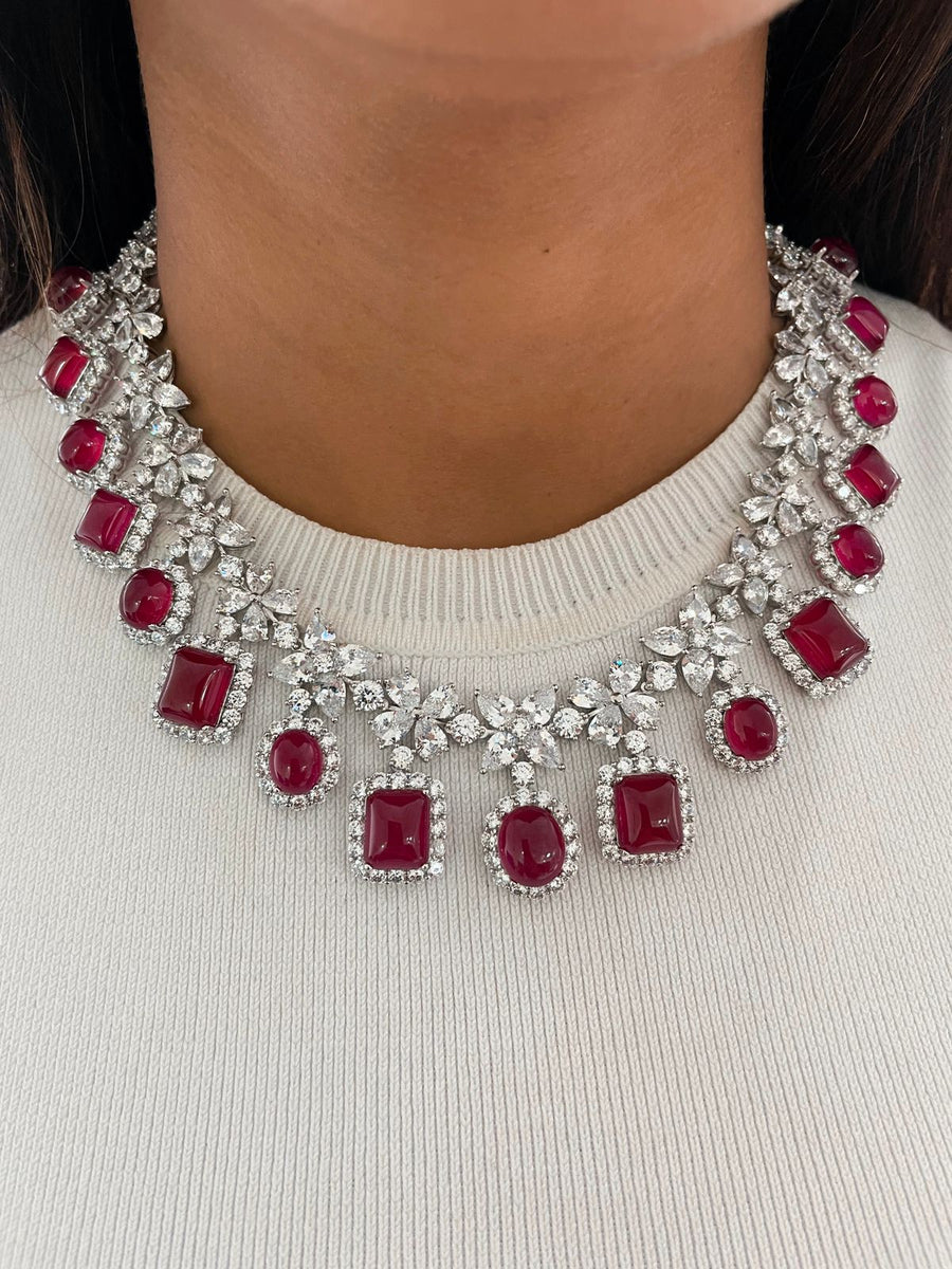 Maharani Illia Flower Square & Oval Ruby Diamond Necklace & Ruby Oval Diamond Detail Line Necklace Set (Necklace, Earrings, Ring & Bracelet)