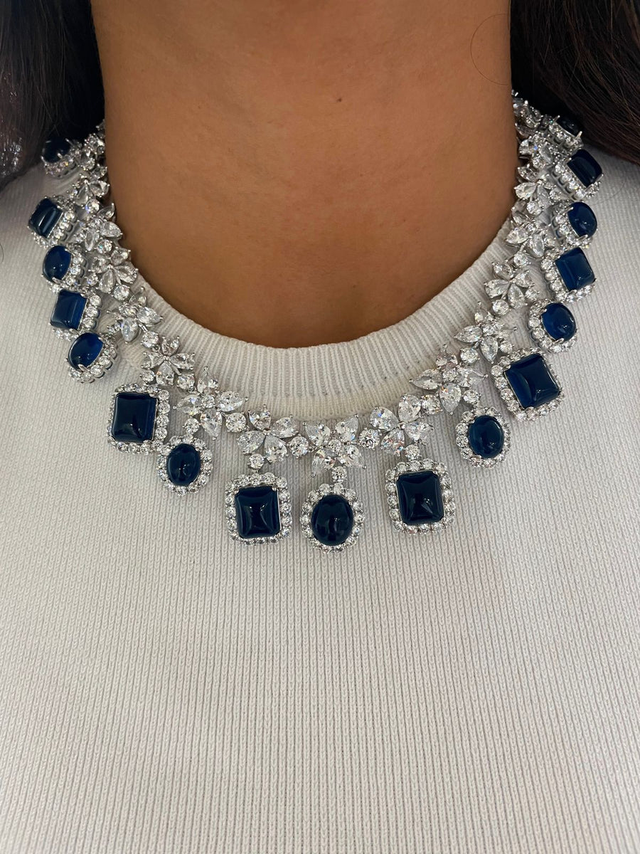 Maharani Illia Flower Square & Oval Sapphire Diamond Necklace & Sapphire Oval Diamond Detail Line Necklace Set (Necklace, Earrings, Ring & Bracelet)