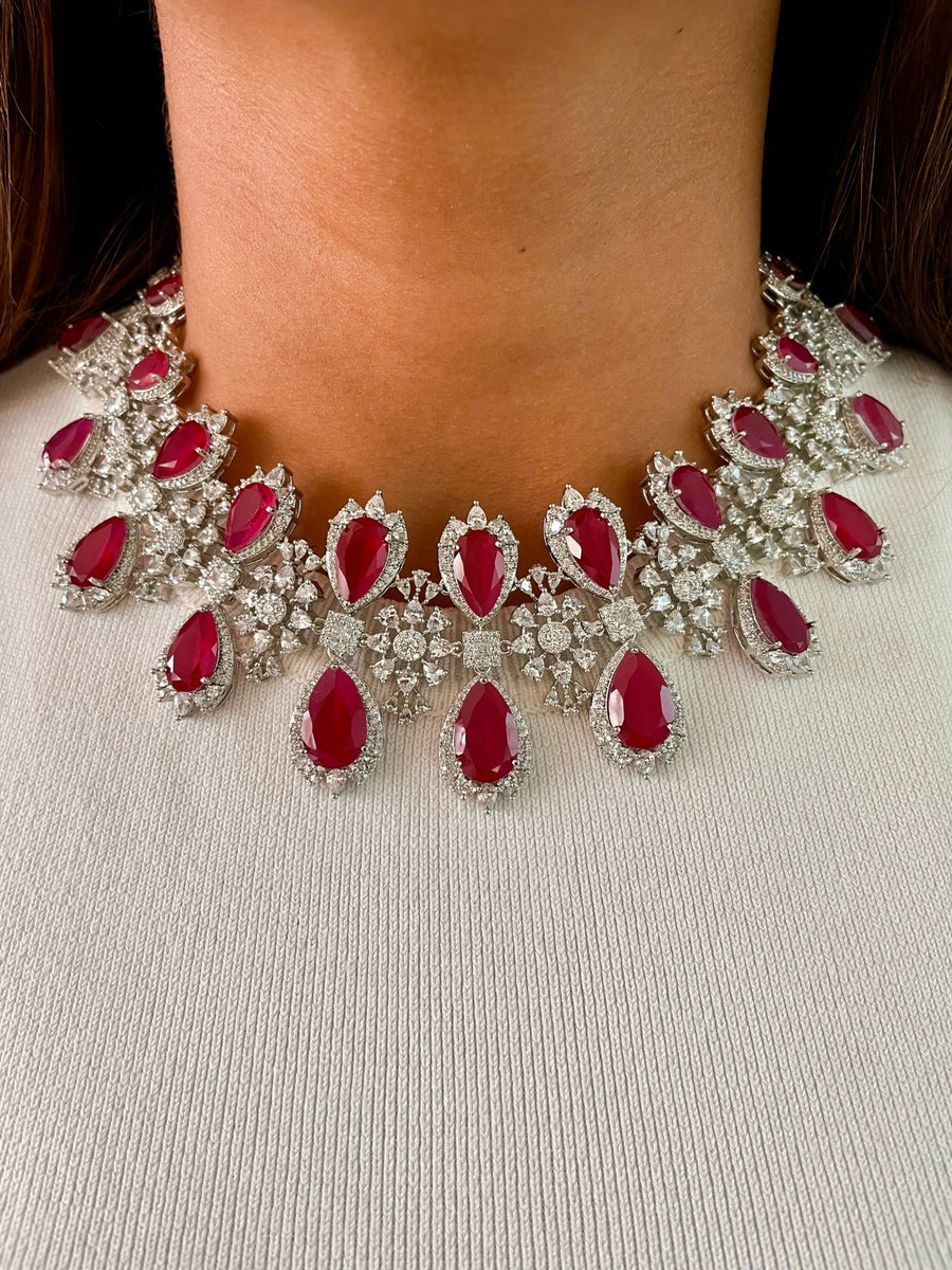 Infinite Ruby Dimonte Floral Necklace Set (Necklace & Earrings)