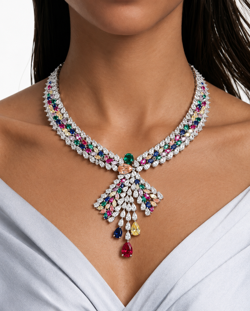 Nomi Multicolor Leaf Cascade Diamond-Like Zircon Necklace Set – Necklace & Earrings