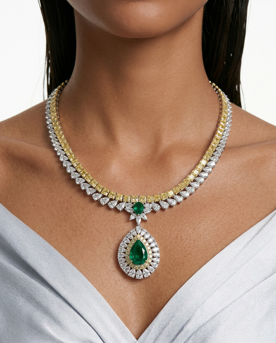 Ishani Citrine Emerald Zircon Diamond Pendant Necklace Set by Prerto
