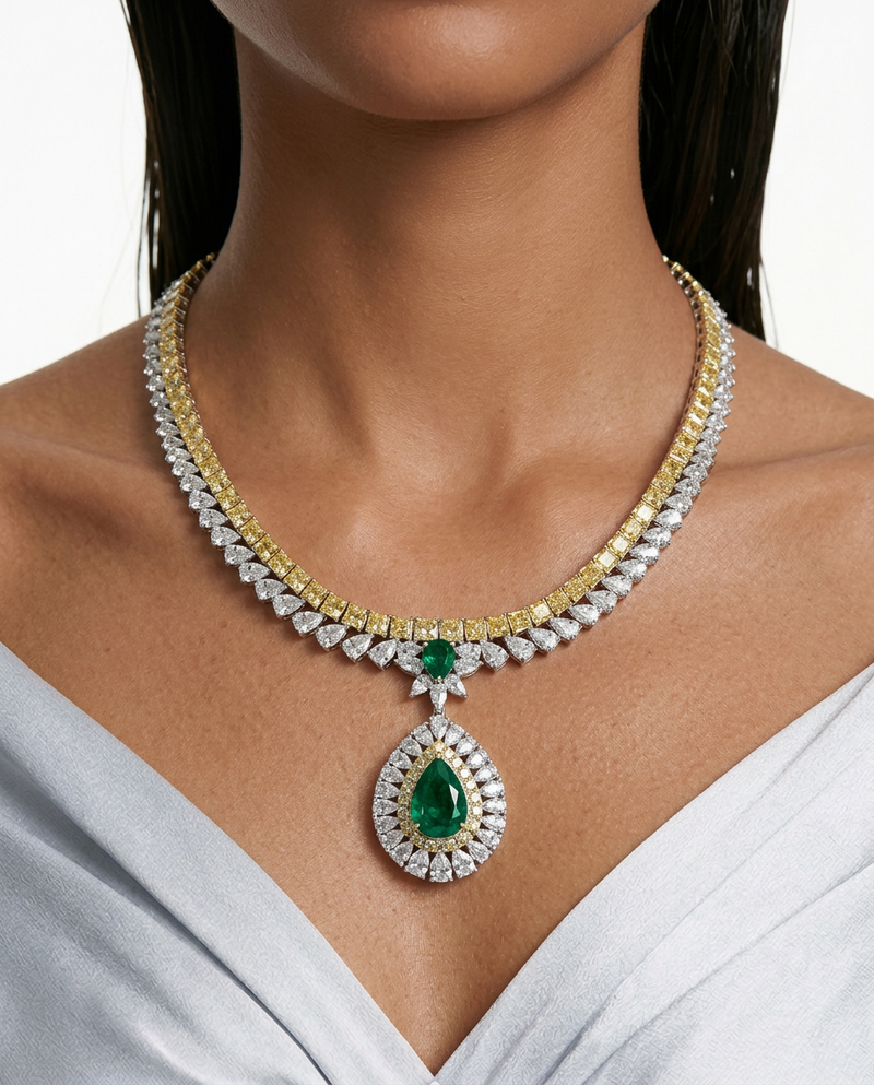 Ishani Citrine Emerald Zircon Diamond Pendant Necklace Set by Prerto