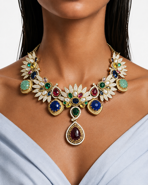 Jehra Multicolor Paisley Kundan Necklace Set – Necklace & Earrings