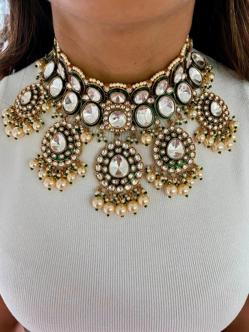 Maharani Kastur Kundan Emerald & Pearl Polki Duo Necklace Set — worn on model — Prerto