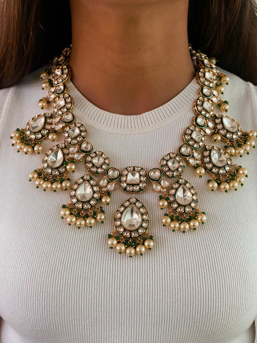 Kundan Pearl Emerald Detail Hanging Statement Necklace Set (Necklace, Earrings & Mang Tika)