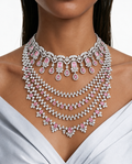 Juego de collar llamativo de cuatro capas en color rosa Maharani Fia y diamantes rosas Aarvi (2 collares y 2 aretes)