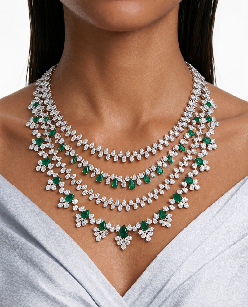 Fia Emerald Diamond-Like Zircon Four Layer Necklace Set – Necklace & Earrings