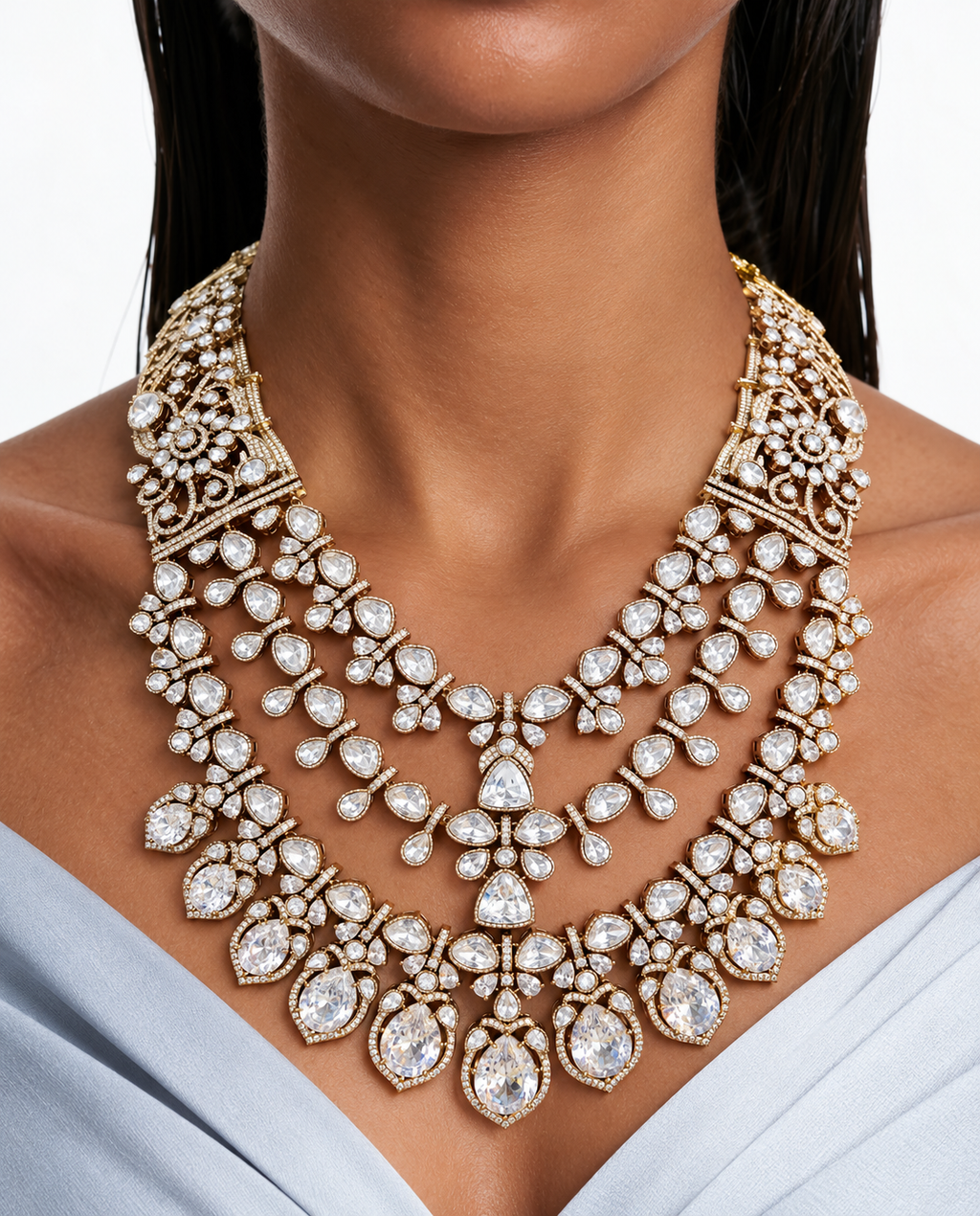 Ensemble de colliers de mariée superposés floraux Rajika Moissanite Polki Kundan – Collier, boucles d'oreilles et Maang Tikka