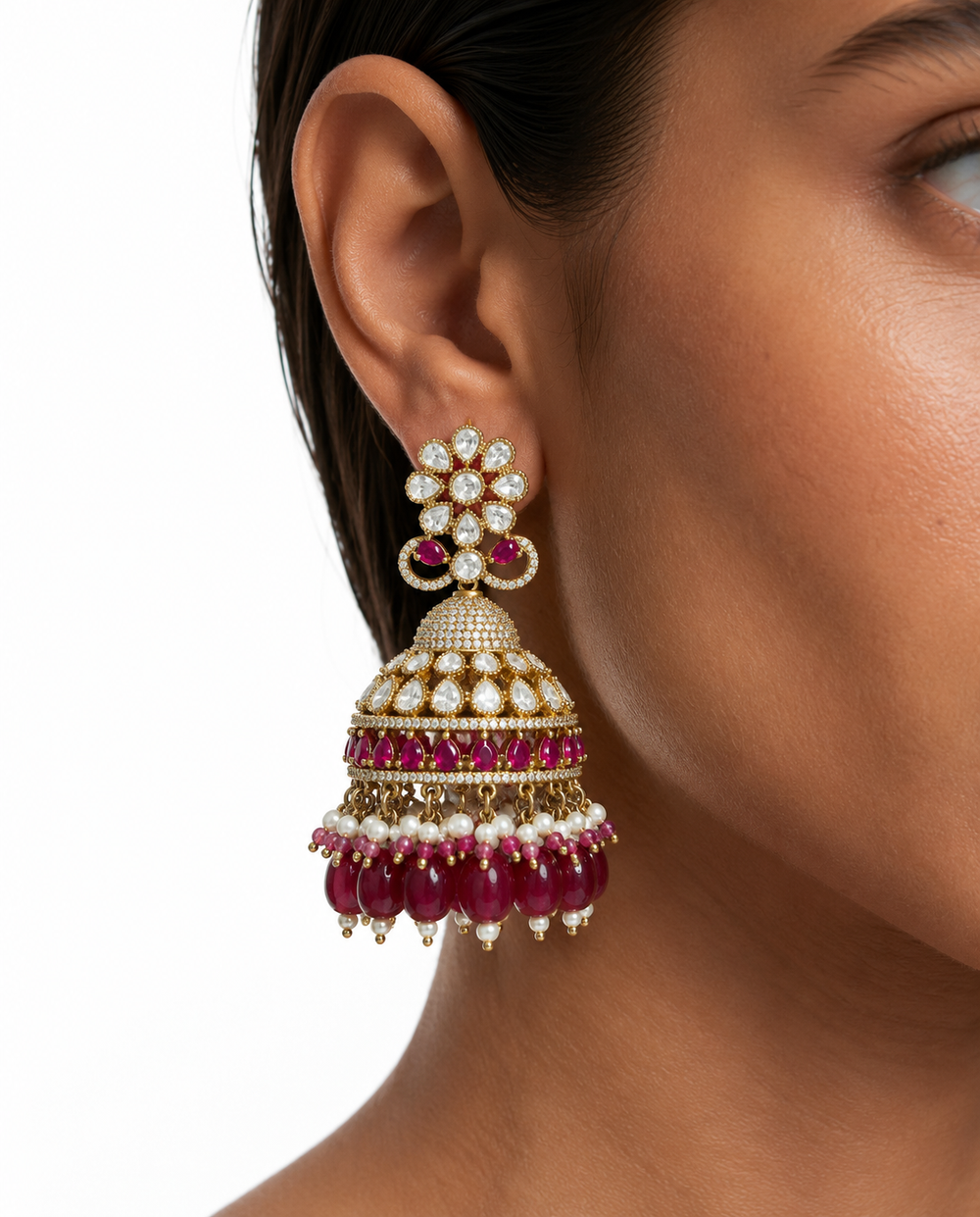 Ensemble de colliers de mariée superposés floraux Polki Kundan Rajika Ruby Moissanite - Collier, boucles d'oreilles et Maang Tikka