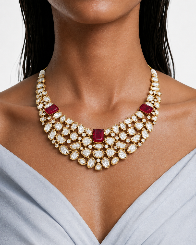 Aira Ruby with Moissanite Polki Kundan & Zircon Diamond Detailing Necklace Set ( Necklace & Earring)