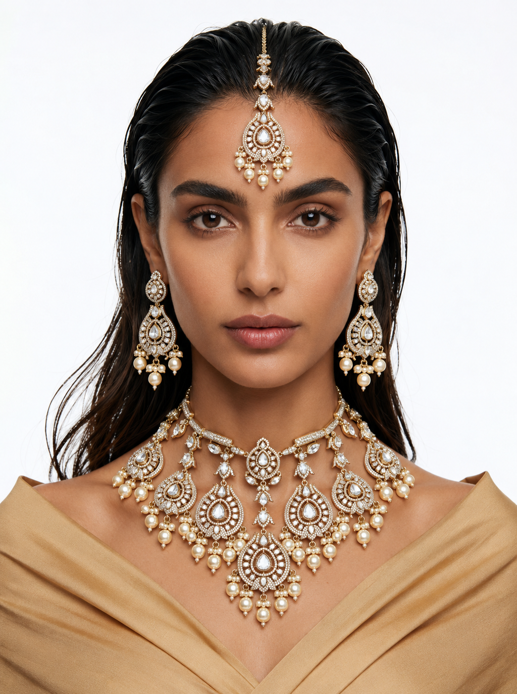 Mehrika White Moissanite Polki Kundan Pearl Drop Juego de collar nupcial: collar, aretes y Maang Tikka