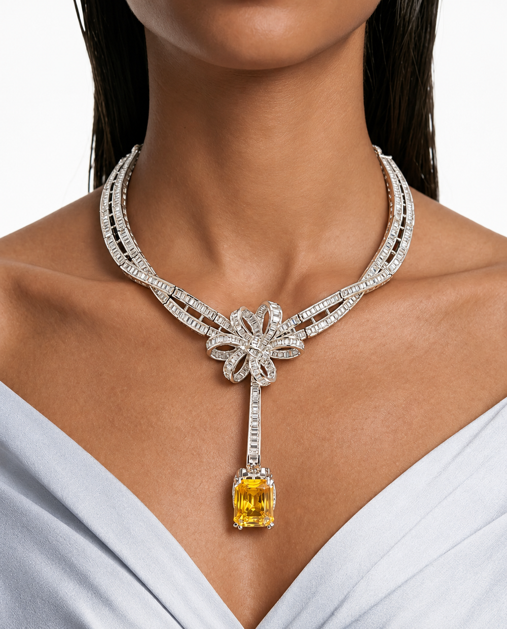 Blythe Citrine Bow Rectangular Drop Diamond-Like Zircon Necklace Set – Necklace & Earrings