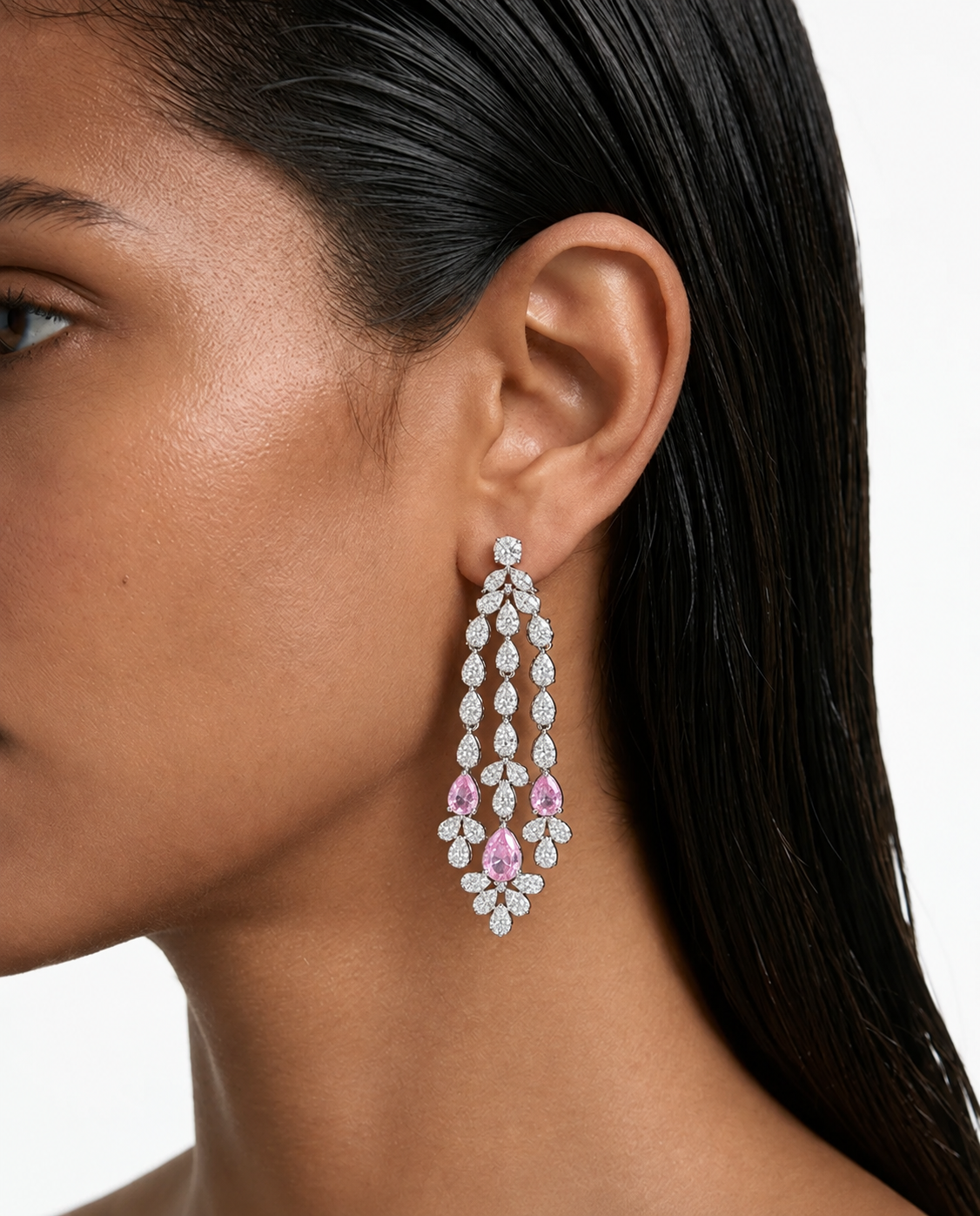 Fia Pink Diamond-Like Zircon Four Layer Necklace Set – Necklace & Earrings