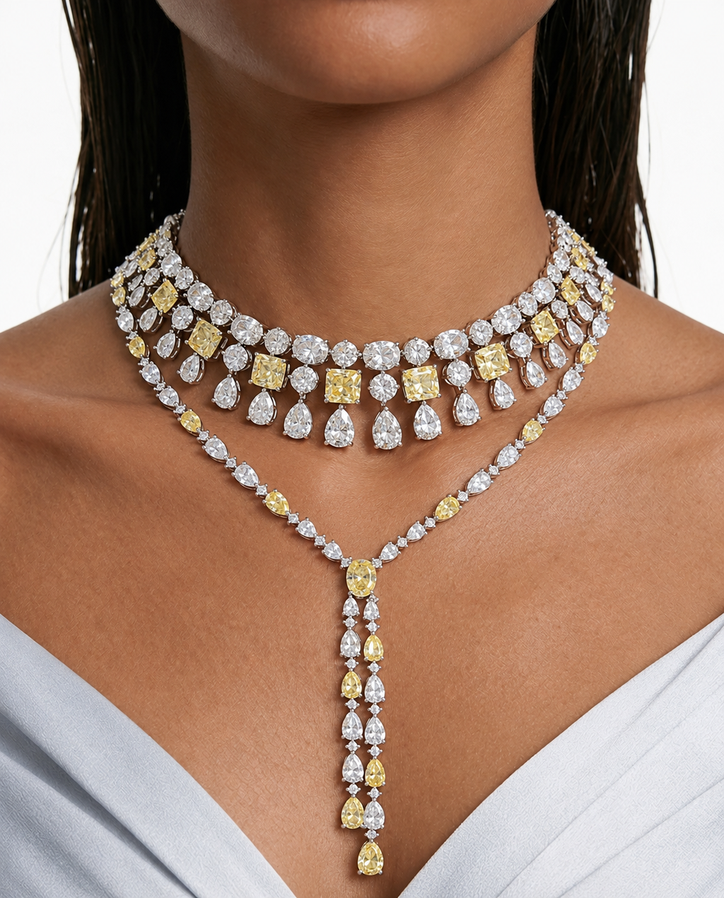 Maharani Niharika Citrien Vierkant & Zinnia Citrien Dubbele Druppel Diamanten Kettingset (2 Kettingen & 2 Oorbellen)