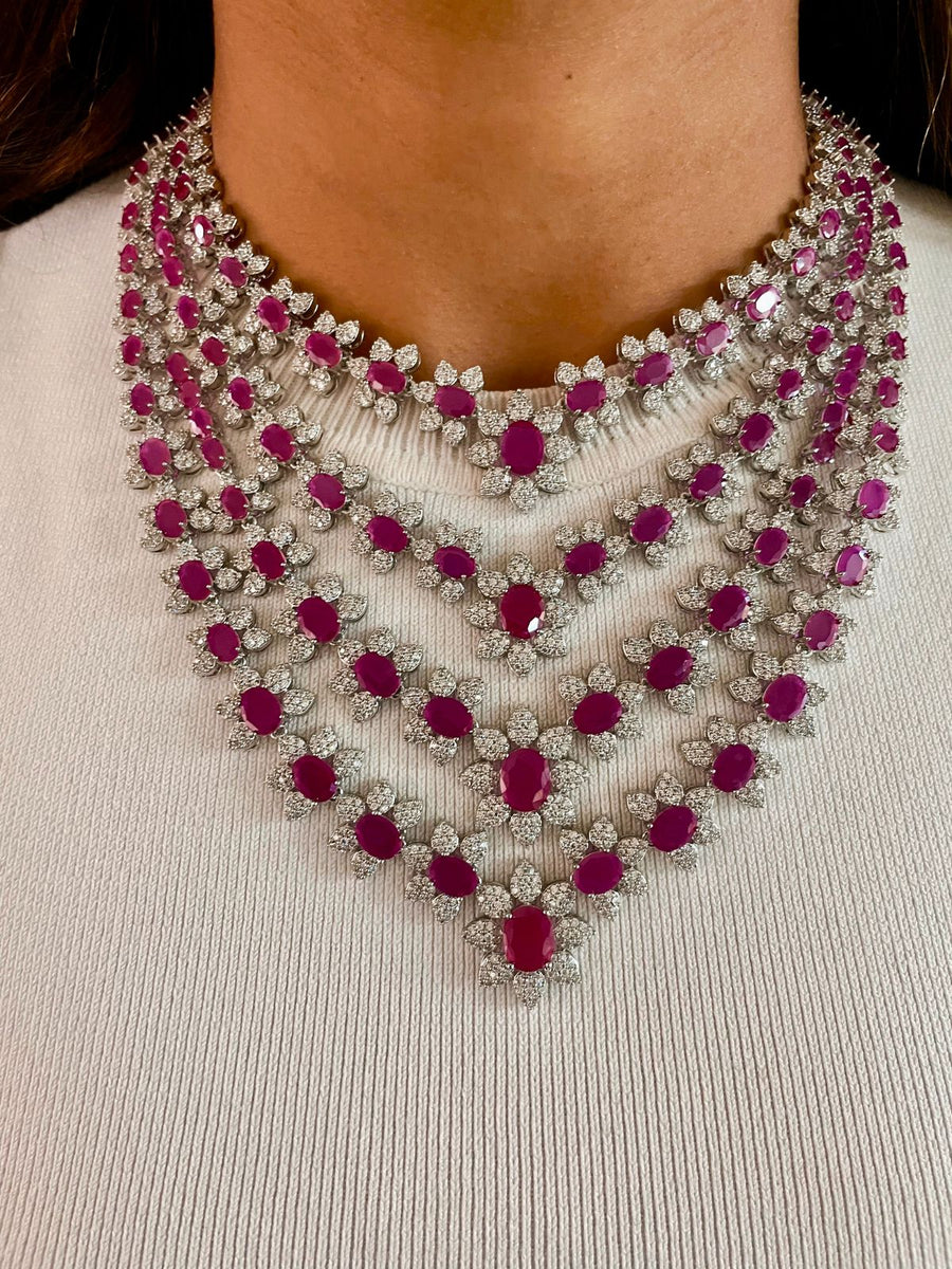 Magenta Divine Floral Dimonte Necklace Set (Earrings, Necklace, Ring & Bracelet)