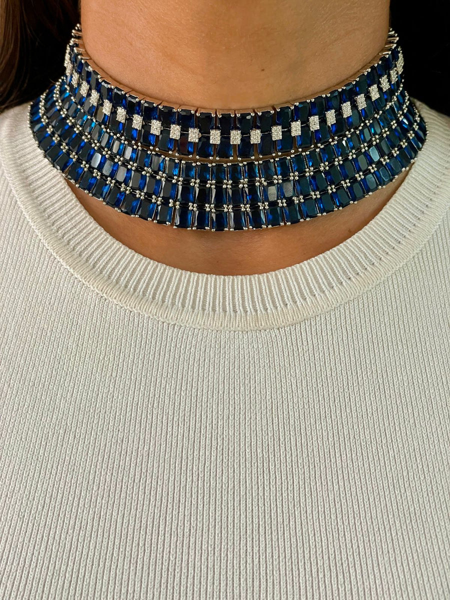 Maharani 3 capa Baguette Sapphire & Baguette Sapphire Dimonte Choker Set (Pendientes y collar)