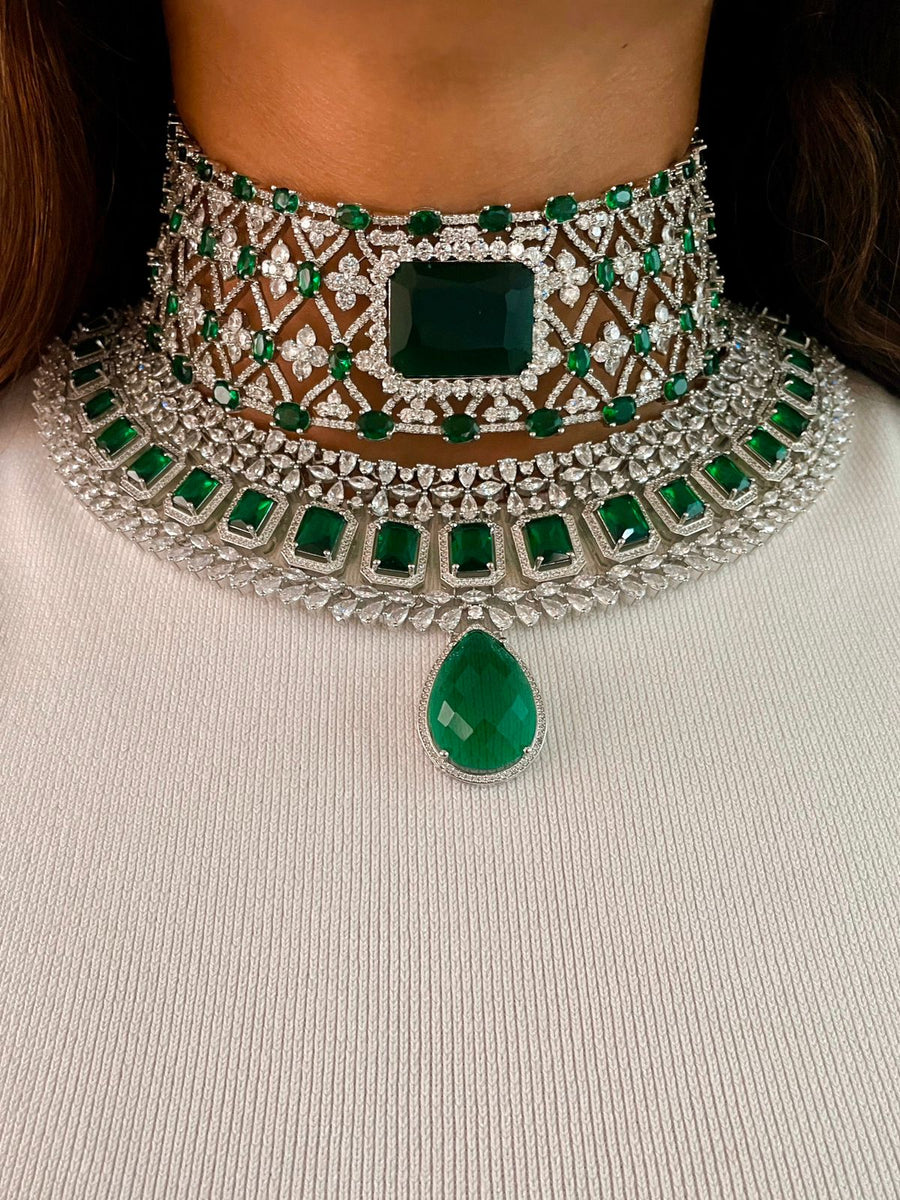 Maharani Emerald Appliqué Dimonte Choker Set & Emerald Drop Dimonte Floral Necklace Set (Necklace & Earrings) (