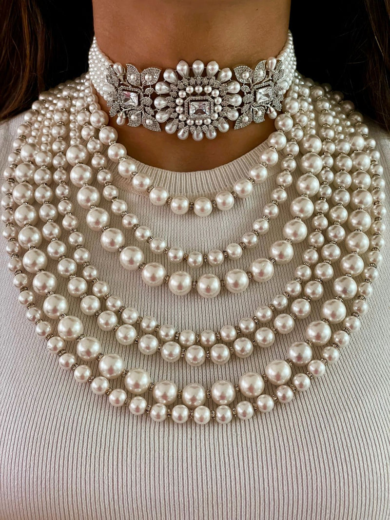 Maharani Lumi & Paso Pearly Trio Diamond Necklace Set — front view — Prerto