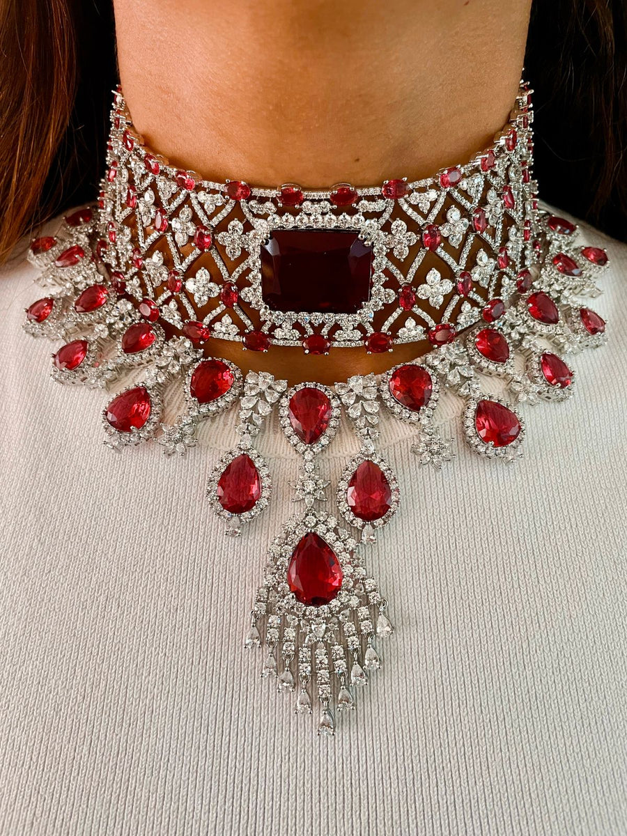 Maharani Ruby Appliqué Dimonte Choker Set & Mini Ruby Ayla Necklace Set (Necklace & Earrings)