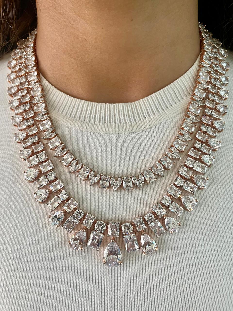 Maharani Baguette Heart & Geometric Dimonte Necklace Set — front view — Prerto