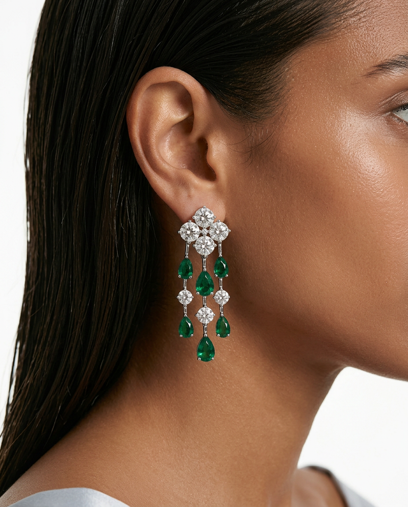 Medha Diamond-Like Zircon Emerald Drops Single Line Necklace Set — worn on model — Prerto