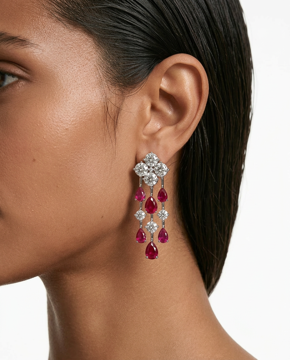 Medha Diamond-Like Zircon Ruby Drops Single Line Necklace Set — worn on model — Prerto