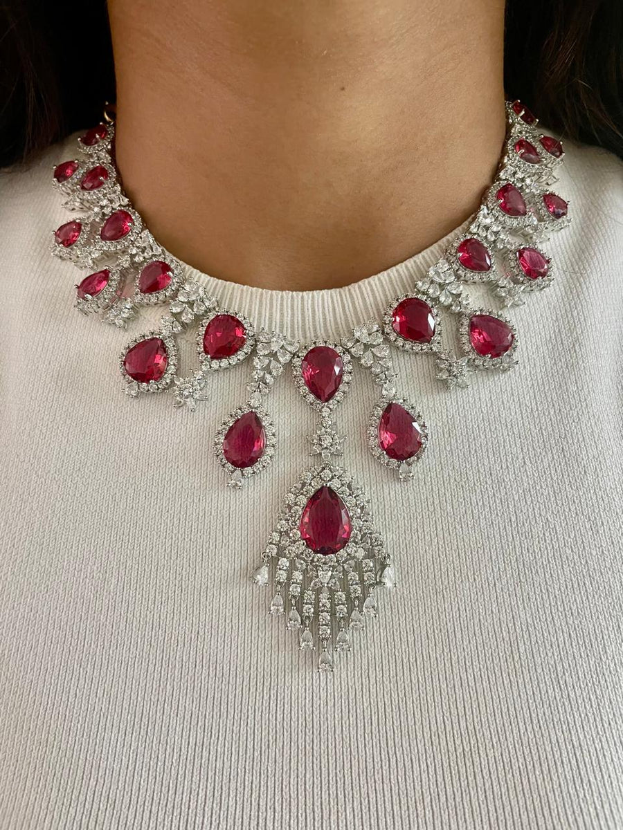 Maharani Ruby Appliqué Dimonte Choker Set & Mini Ruby Ayla Necklace Set (Necklace & Earrings)