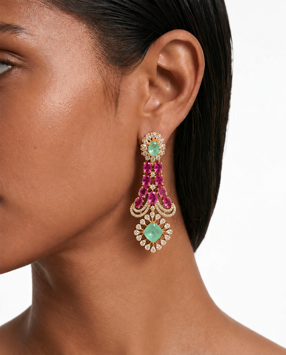 Ash Ruby & Emerald Diamond-Like Zircon Curved Floral Pendant Necklace Set – Necklace & Earrings