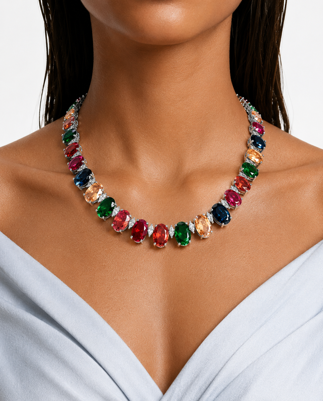 Anicka Multicolor Oval Diamond-Like Zircon Necklace Set – Necklace & Earrings