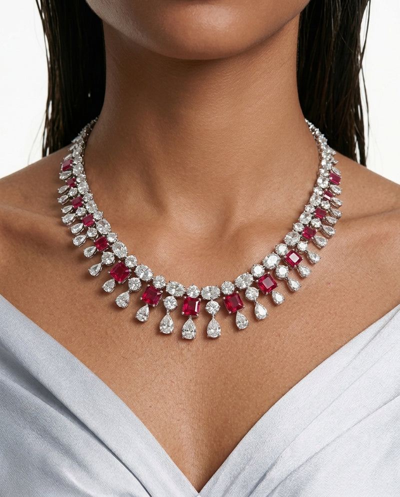 Niharika Diamond-Like Zircon Ovals with Ruby Square & Diamonds Statement Necklace & Jahnavi Ruby and Diamond-Like Zircon Compressed Setting Statement Necklace (Maharani Set)