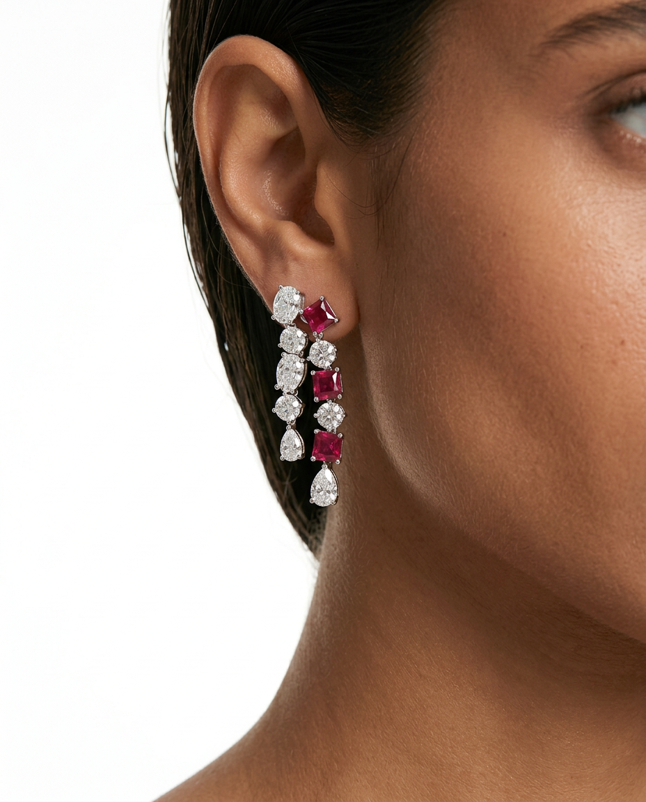 Niharika Diamond-Like Zircon Ovals with Ruby Square & Diamonds Statement Necklace & Jahnavi Ruby and Diamond-Like Zircon Compressed Setting Statement Necklace (Maharani Set)