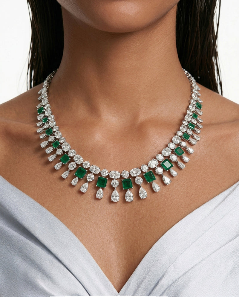 Niharika Diamond-Like Zircon Ovals with Emerald Square & Diamonds Statement Necklace & Jahnavi Emerald and Diamond-Like Zircon Compressed Setting Statement Necklace (Maharani Set)