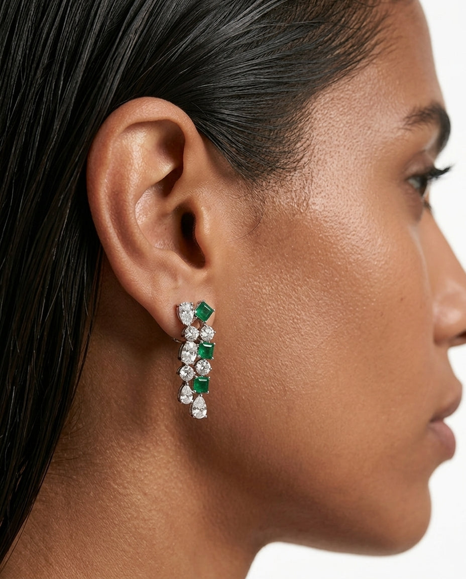 Niharika Diamond-Like Zircon Ovals with Emerald Square & Diamonds Statement Necklace & Jahnavi Emerald and Diamond-Like Zircon Compressed Setting Statement Necklace (Maharani Set)