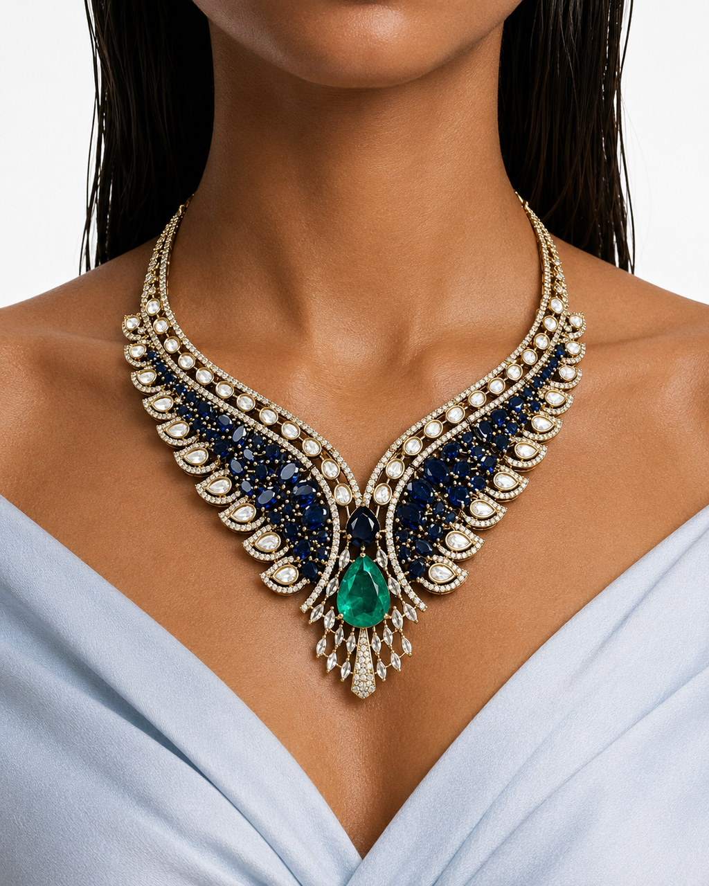 Rosha Sapphire & Emerald Moissanite Polki Kundan Necklace Set (Necklace & Earrings)