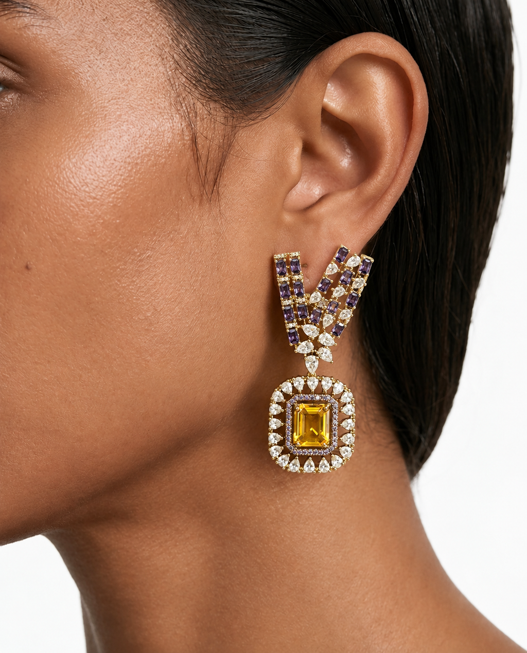 Aderina Purple & Citrine Rectangular Pendant Diamond-Like Zircon Collar Necklace Set – Necklace & Earrings