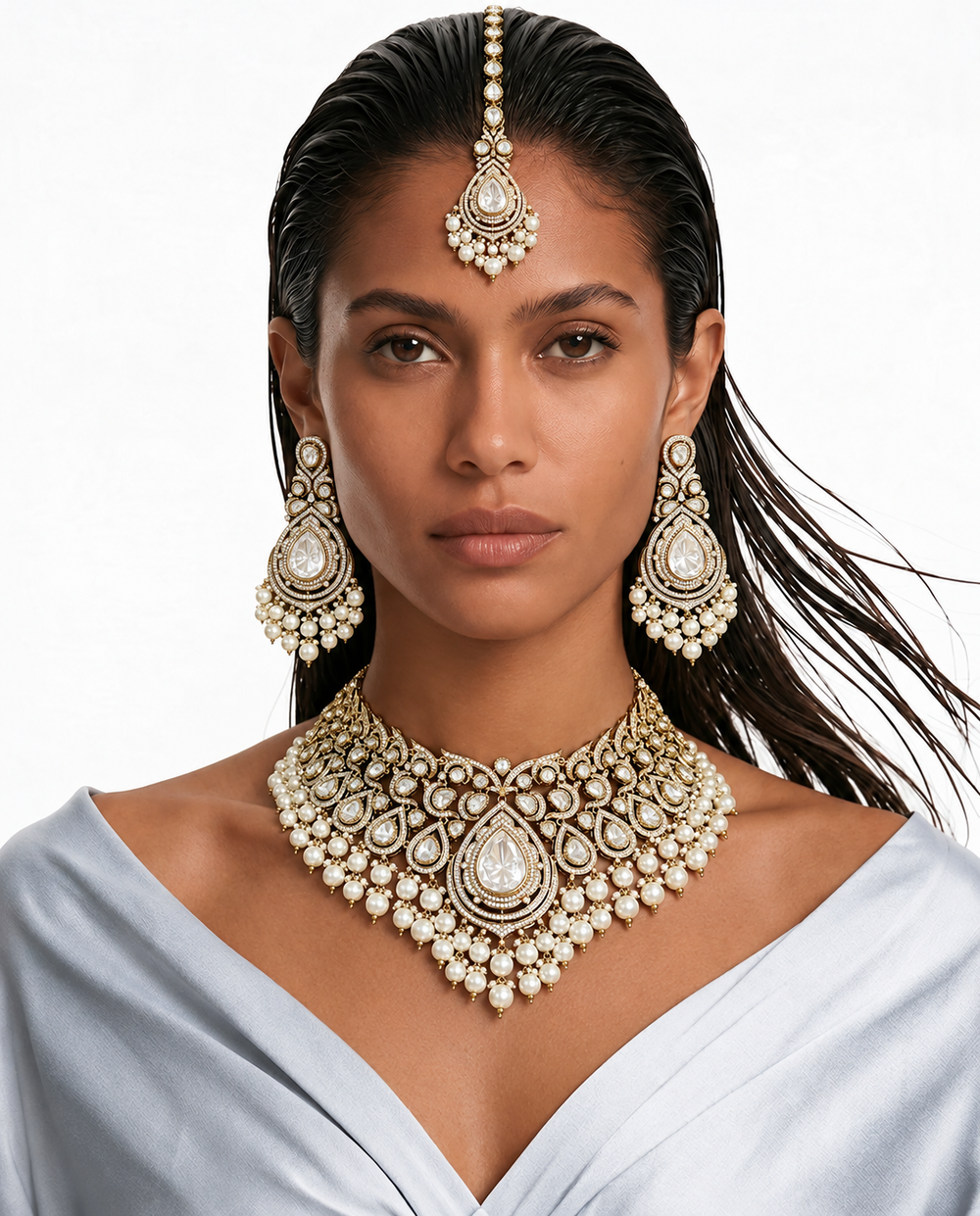 Ensemble de colliers Mahira Diamond & Pearl Polki Kundan – Collier, boucles d'oreilles et Maang Tikka