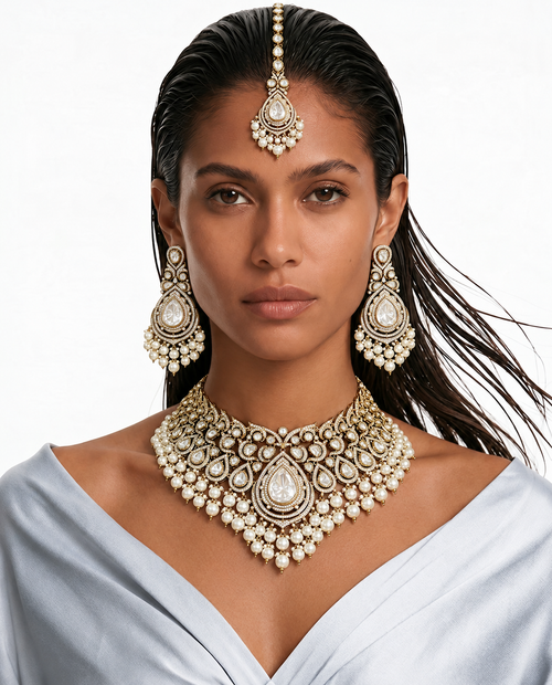Mahira Diamond & Pearl Polki Kundan Statement Necklace Set – Necklace, Earrings & Maang Tikka
