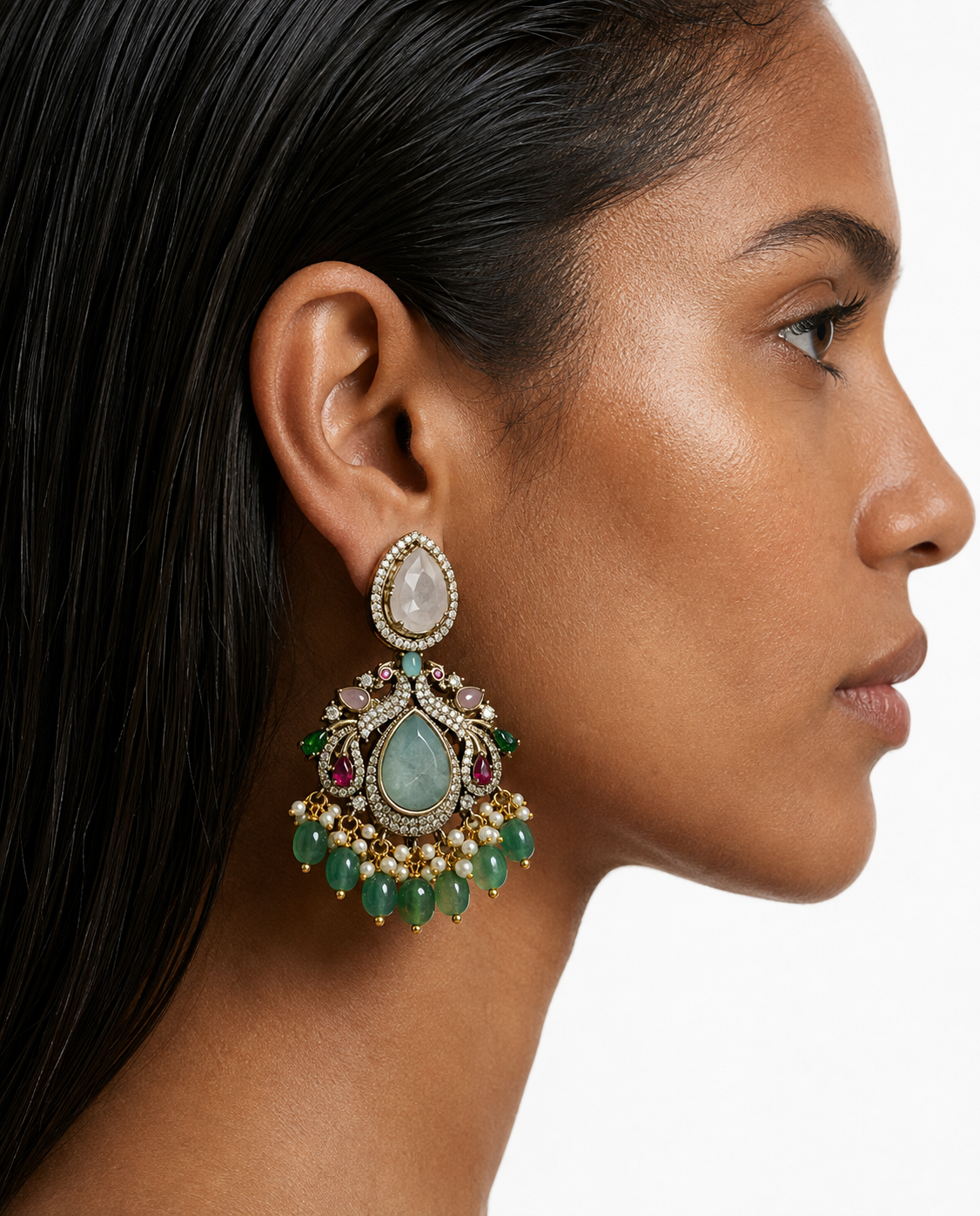Mohim Aqua Semi Precious Moissanite Kundan Polki Multicolour Statement Royale Necklace Set (Necklace & Earrings)