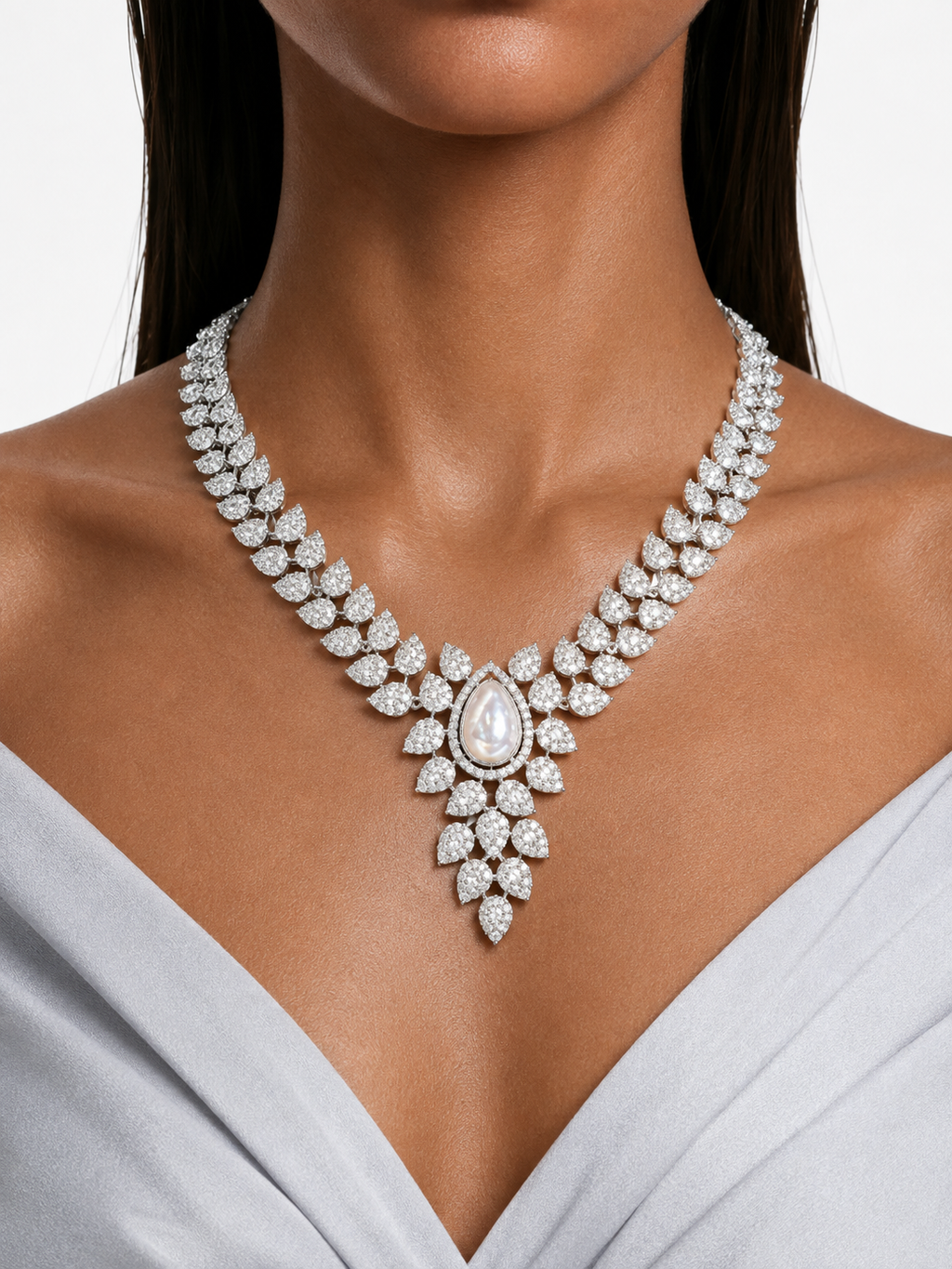 Ziya Pearl Diamond-Like Zircon Statement Necklace Set – Necklace & Earrings