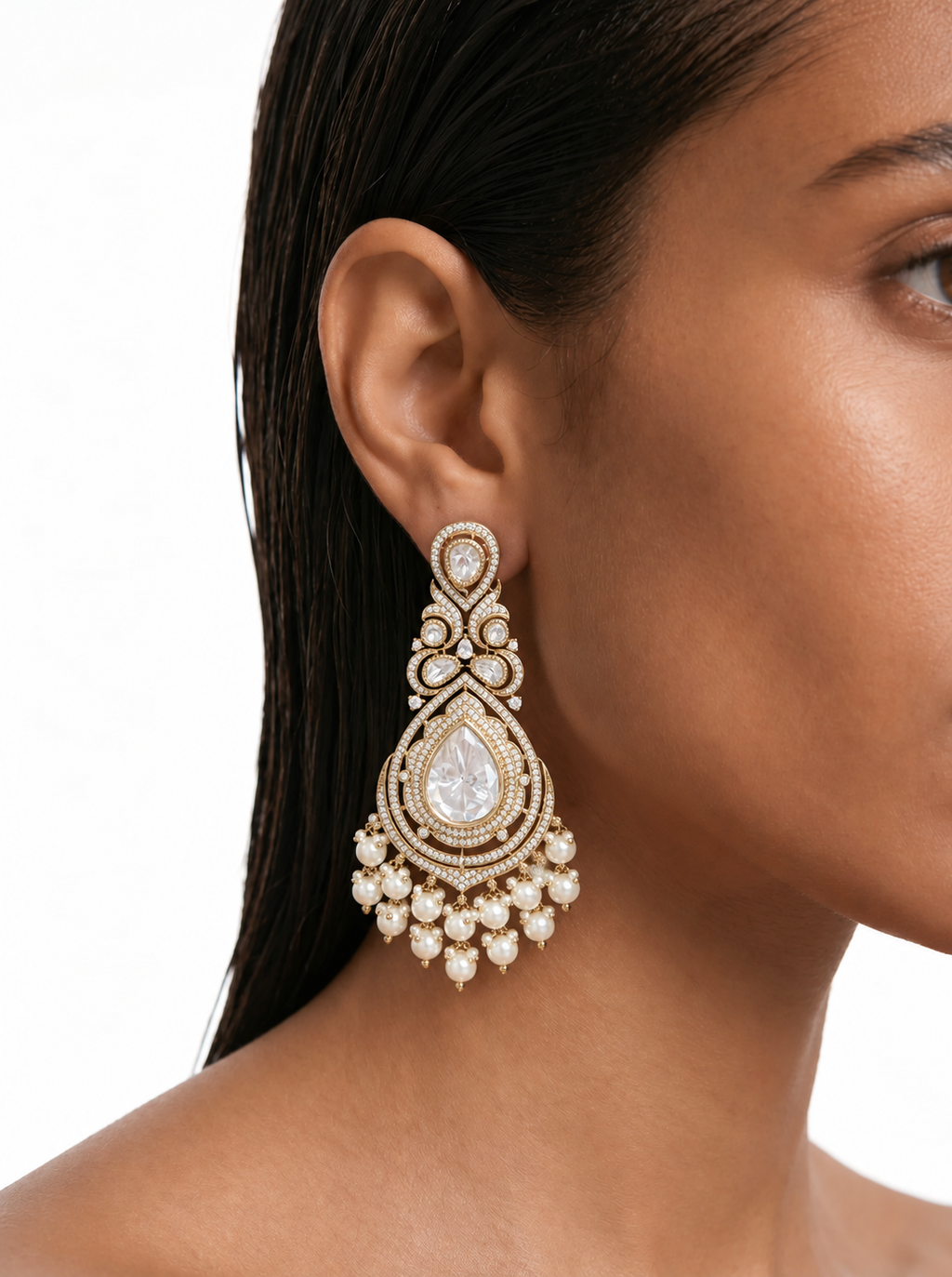 Ensemble de colliers Mahira Diamond & Pearl Polki Kundan – Collier, boucles d'oreilles et Maang Tikka