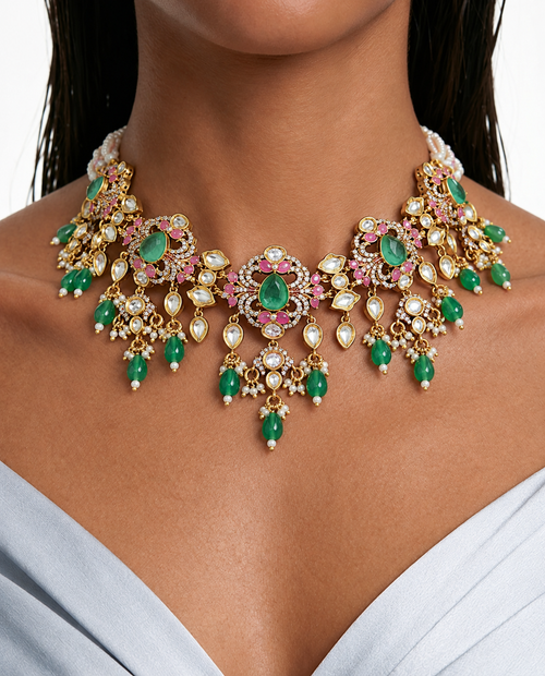 Roshni Mint Floral Moissanite Polki Kundan kettingset - ketting, oorbellen en Maang Tikka