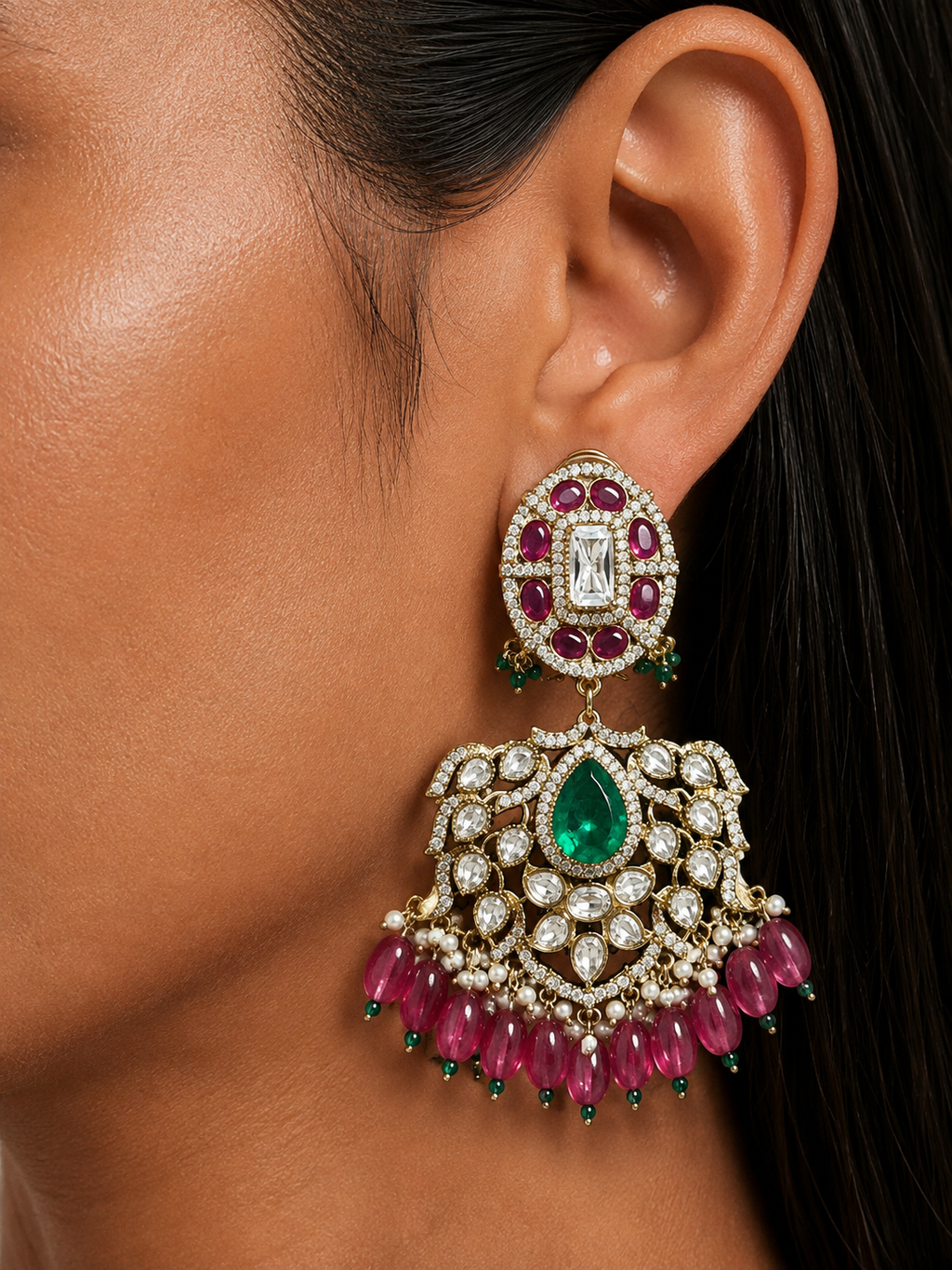 Ishira Emerald & Ruby Pearls & Moissanite Polki Kundan with Zircon Diamond Detailing Necklace Set – Necklace, Earrings & Maang Tikka