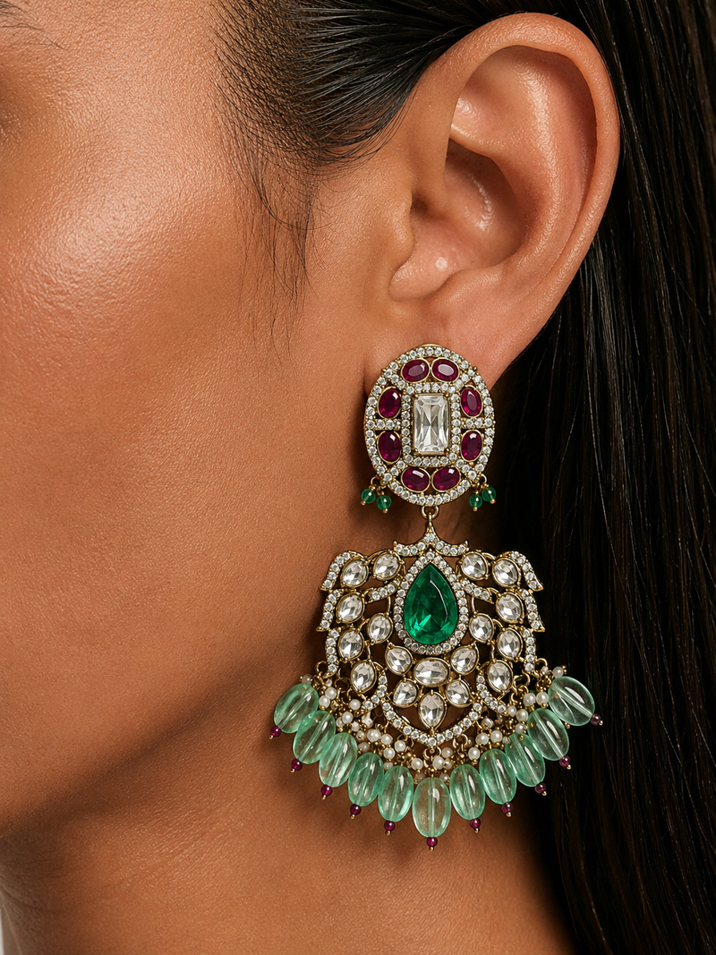 Ishira Mint & Ruby Pearls & Moissanite Polki Kundan with Zircon Diamond Detailing Necklace Set – Necklace, Earrings & Maang Tikka