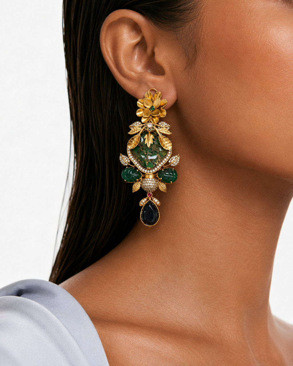 Arezou Emerald Floral & Leaf Gold-Tone Pearl Chain Necklace Set – Necklace & Earrings